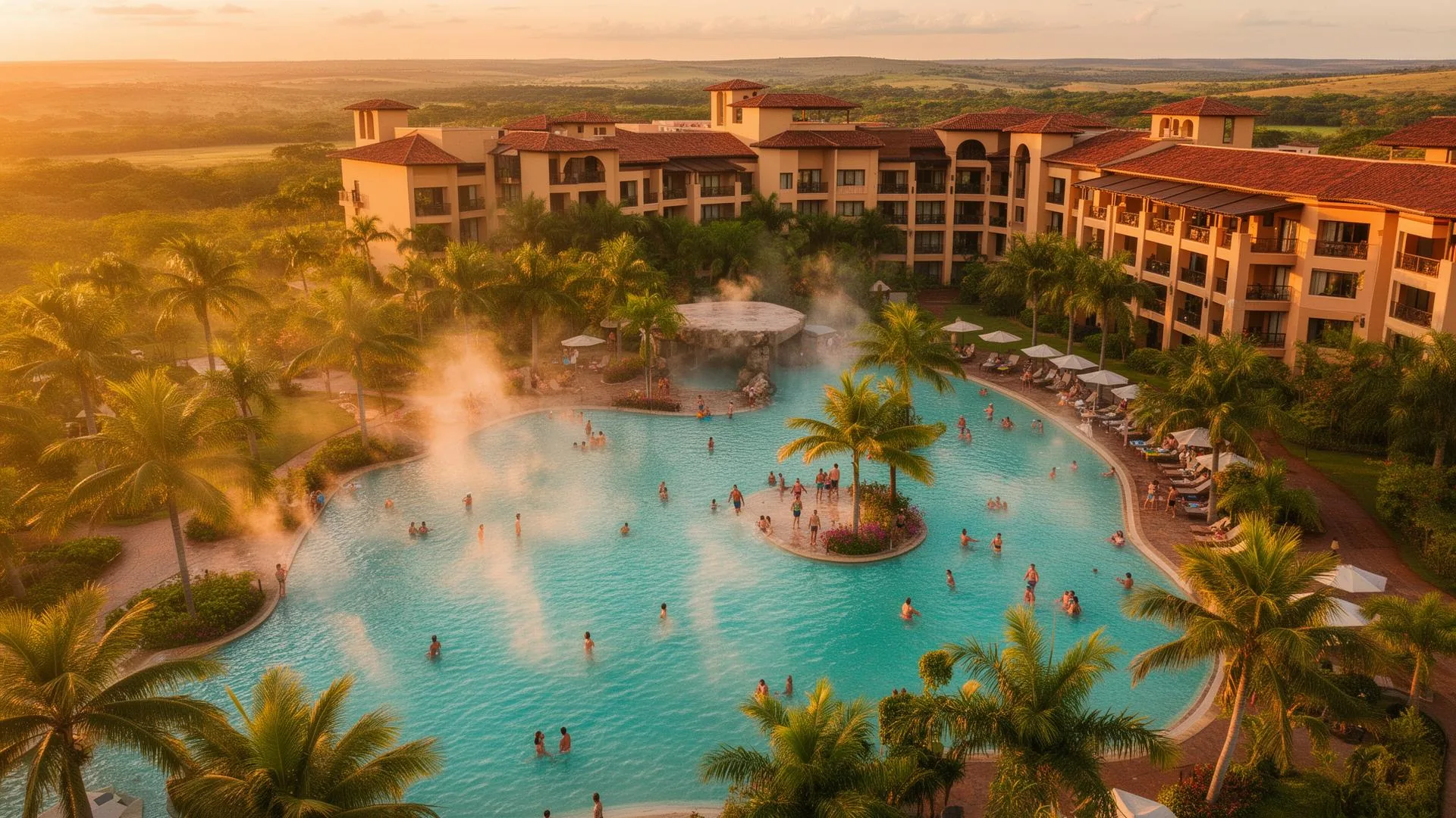 Resort diRoma em Caldas Novas com piscinas termais ao pôr do sol